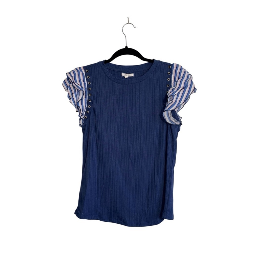 Maurices Ruffle Sleeve Ribbed Top Navy Blue Stripe Grommet Medium Women’s
